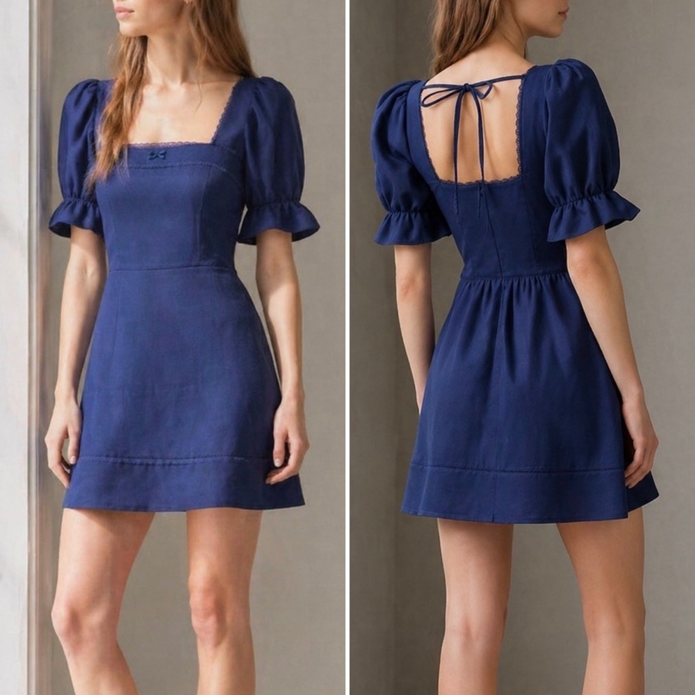 Reformation Navy Blue Linen Lace Trim Puff Sleeve Mini Dress Size 10